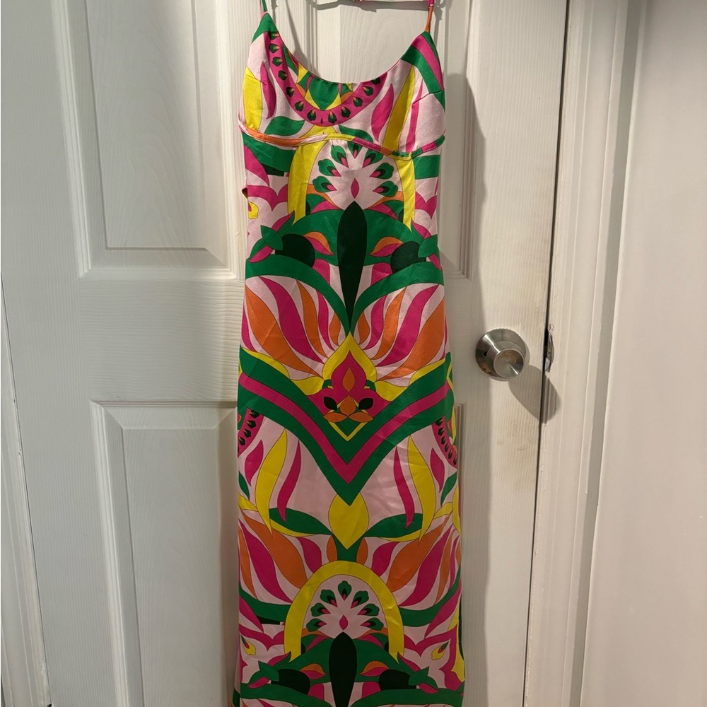 Papermoon Pink and Green Maxi Dress with Spaghetti Straps